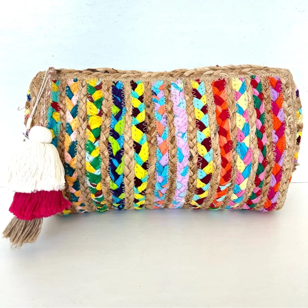 ANTIK KRAFT Beige Woven Jute Raffia Multicolor Braided Strip Fabrics Clutch NWT